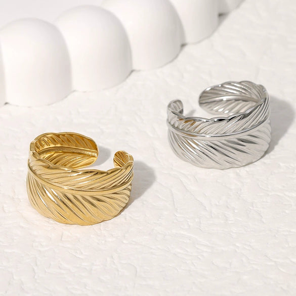 Fashion Stainless Steel Open Ring With Feather Design Non Fading Electroplated For Women