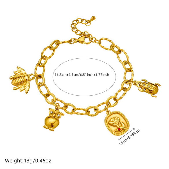 Fashion Stainless Steel Oshaped Chain Animal Cartoon Characters Pendant Bracelet With 18K Goldplated Electroplating For Women