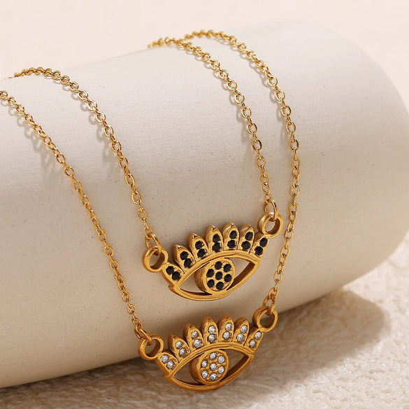 Fashion 316L Stainless Steel Pendant Necklace With Devil's Eye And Butterfly Moon Inlaid Rhinestone Electroplated