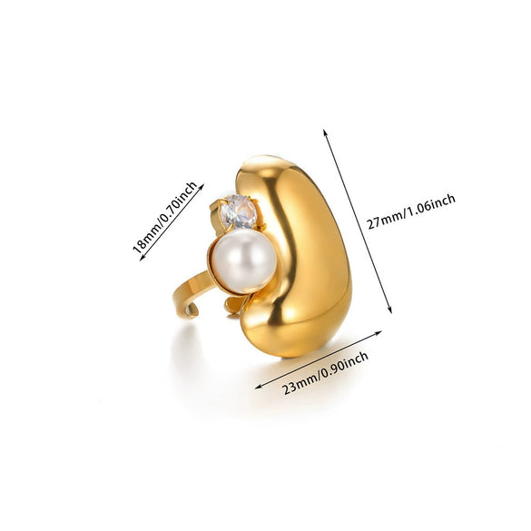 Fashion Stainless Steel Ring Inlaid With Imitation Pearl Wave U Shape Electroplated