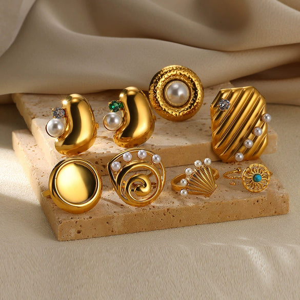 Fashion Stainless Steel Ring Inlaid With Imitation Pearl Wave U Shape Electroplated