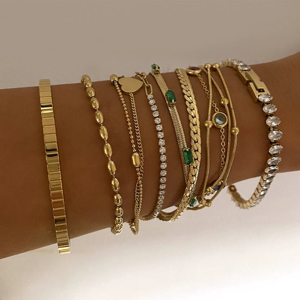 Fashion Stainless Steel Stacked Bracelet Set With Inlaid Zircon Love Pendant And Geometric Design Electroplated For Women