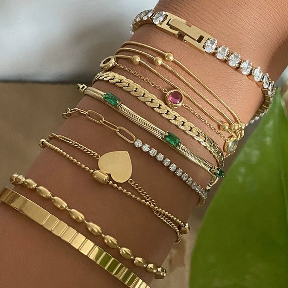 Fashion Stainless Steel Stacked Bracelet Set With Inlaid Zircon Love Pendant And Geometric Design Electroplated For Women
