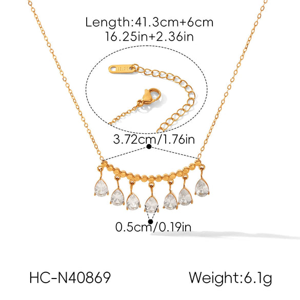 Fashion Stainless Steel Teardrop Pendant Necklace With Zircon Inlay Geometric Ins Style Vacuum Plated Light Luxury Jewelry
