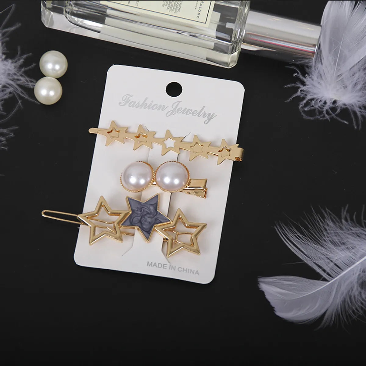 Fashion Star Alloy Inlay Pearl Hair Clip 3 Pieces