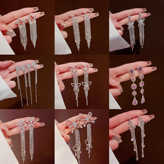 Fashion Star Butterfly Bow Knot Imitation Pearl Copper Tassel Rhinestones Drop Earrings 1 Pair