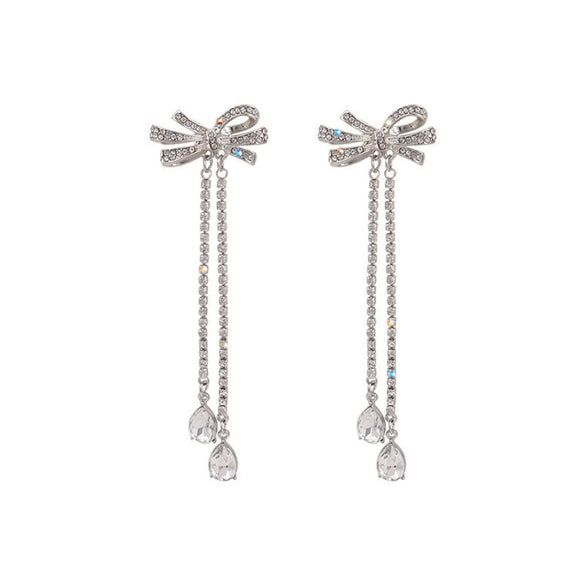 Fashion Star Butterfly Bow Knot Imitation Pearl Copper Tassel Rhinestones Drop Earrings 1 Pair