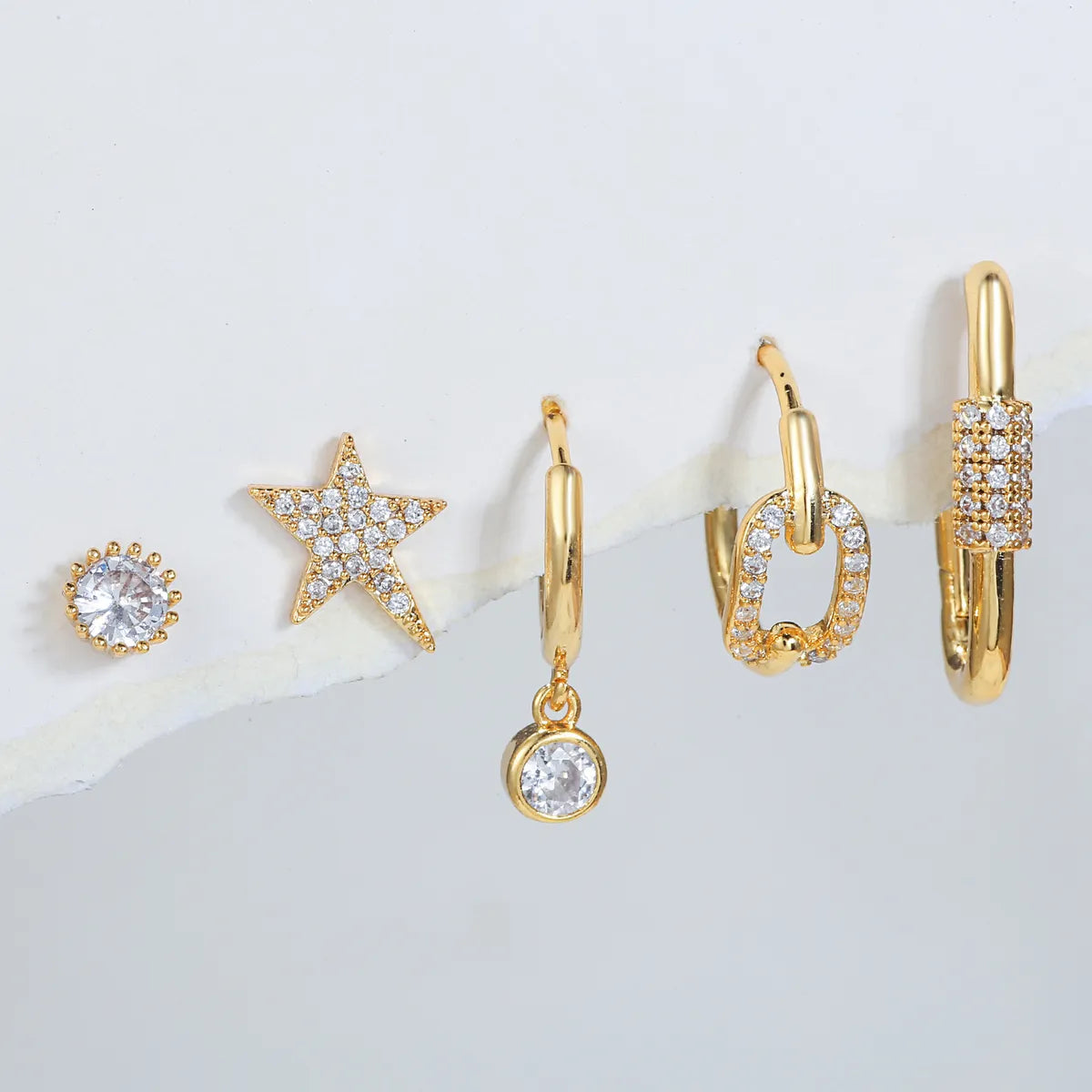 Fashion Star Copper Inlay Zircon Ear Studs 5 Pieces