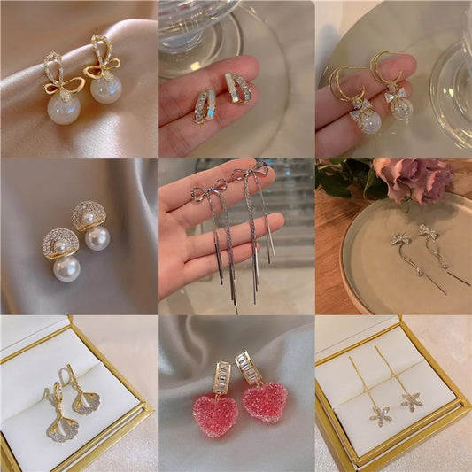 Fashion Star Heart Shape Bow Knot Imitation Pearl Alloy Rhinestone Tassel Women's Earrings 1 Pair