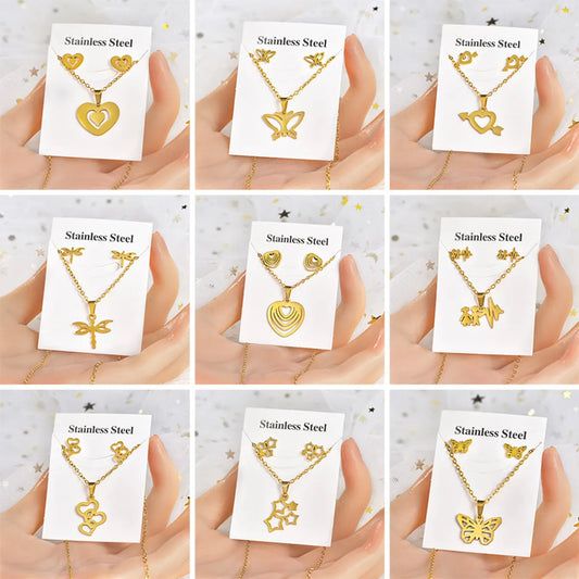 Fashion Star Heart Shape Crown Stainless Steel Inlaid Gold Women's Earrings Necklace 1 Set