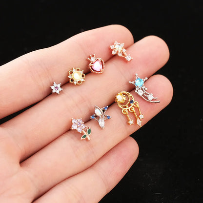 Fashion Star Heart Shape Stainless Steel Copper Plating Inlay Zircon Ear Studs 1 Piece