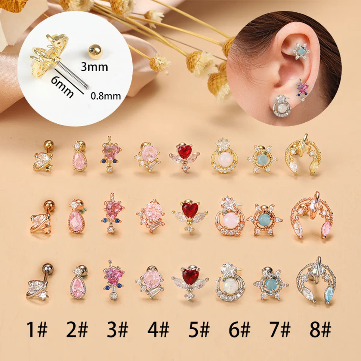 Fashion Star Heart Shape Stainless Steel Copper Plating Inlay Zircon Ear Studs 1 Piece