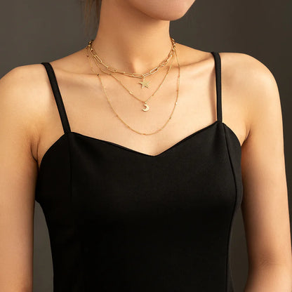 Fashion Star Moon Copper Hollow Out Zircon Layered Necklaces 1 Piece