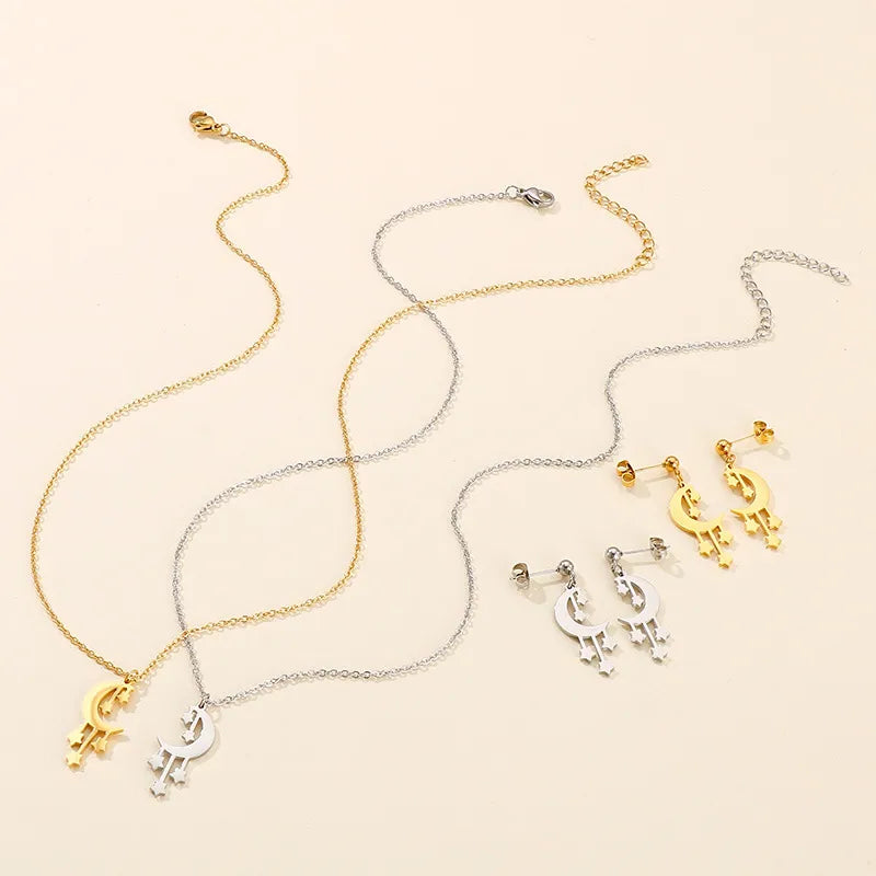 Wholesale Jewelry Fashion Star Moon Stainless Steel No Inlaid 18K Gold Plated Earrings Necklace