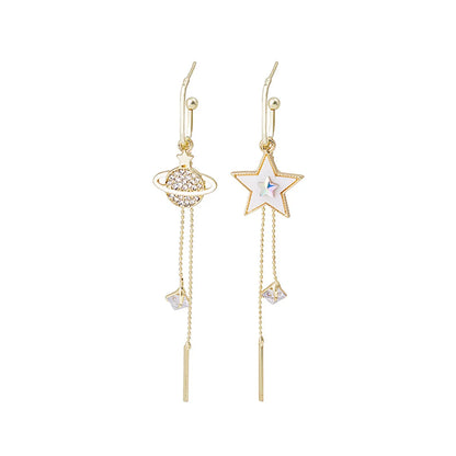 Fashion Star Planet Alloy Asymmetrical Tassel Rhinestones Women'S Dangling Earrings 1 Pair