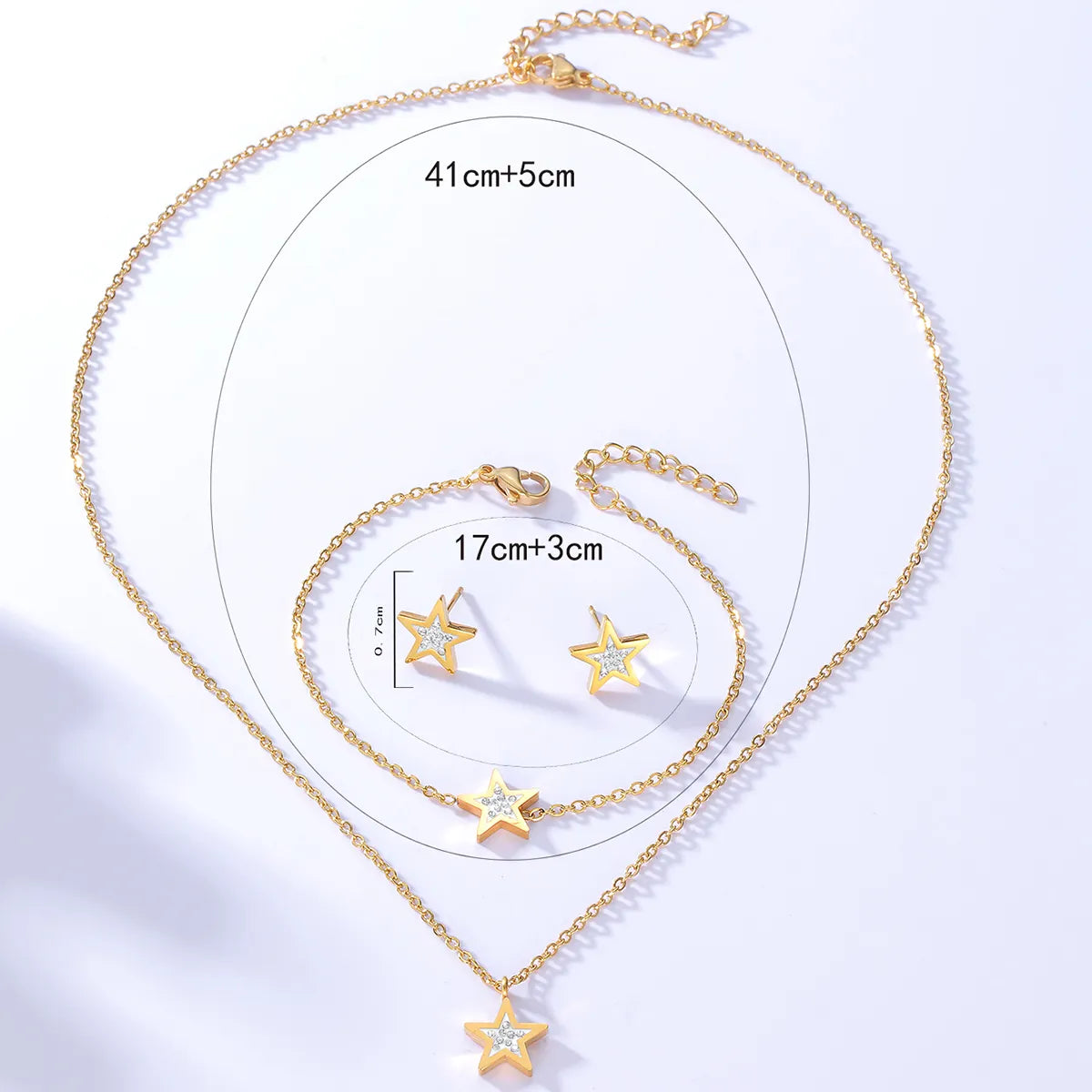 Fashion Star Stainless Steel Electroplated 18k Gold Zircon Ear Studs Bracelet Necklace Set