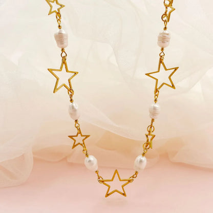 Fashion Star Stainless Steel Inlay Artificial Pearls Necklace