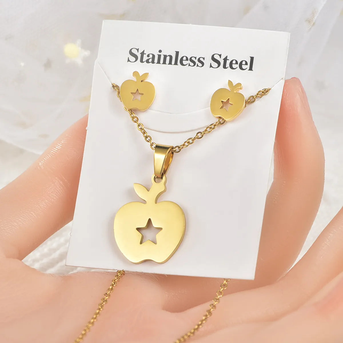 Fashion Star Tree Heart Shape Titanium Steel Hollow Out Women'S Earrings Necklace 1 Set