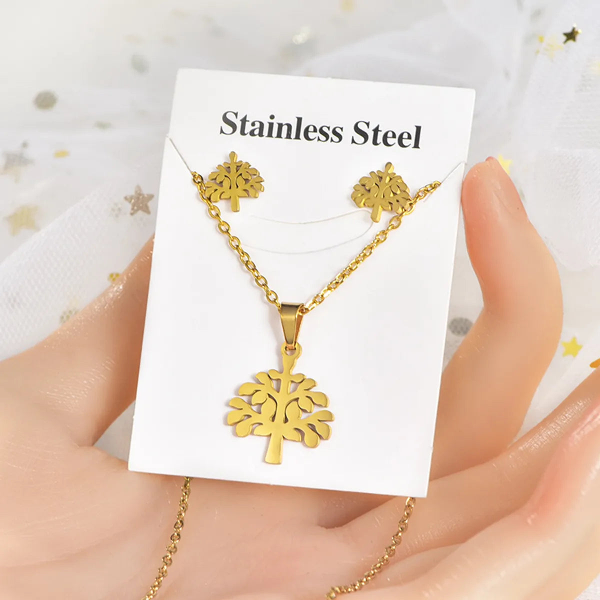 Fashion Star Tree Heart Shape Titanium Steel Hollow Out Women'S Earrings Necklace 1 Set