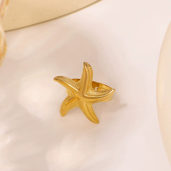 Fashion Starfish Beach Ocean Style Stainless Steel Open Ring With Geometric Pattern And 18K Gold Electroplating For Women