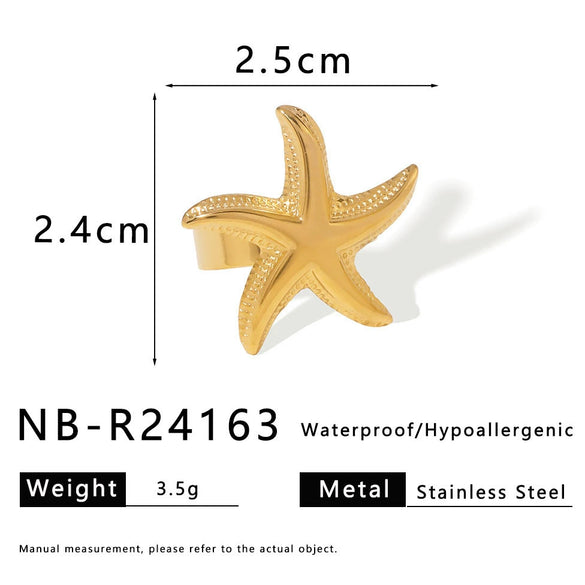 Fashion Starfish Beach Ocean Style Stainless Steel Open Ring With Geometric Pattern And 18K Gold Electroplating For Women