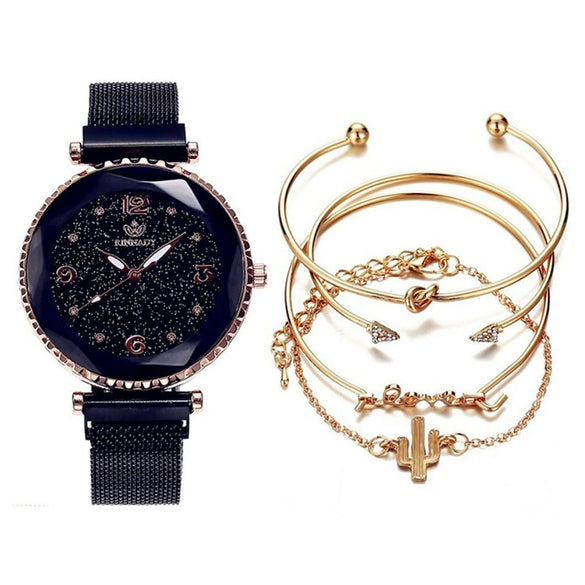 Fashion Starry Sky Gradient Women's Alloy Case Pu Strap Quartz Watch And Bracelet Bangle Set With Stainless Steel Magnet Buckle