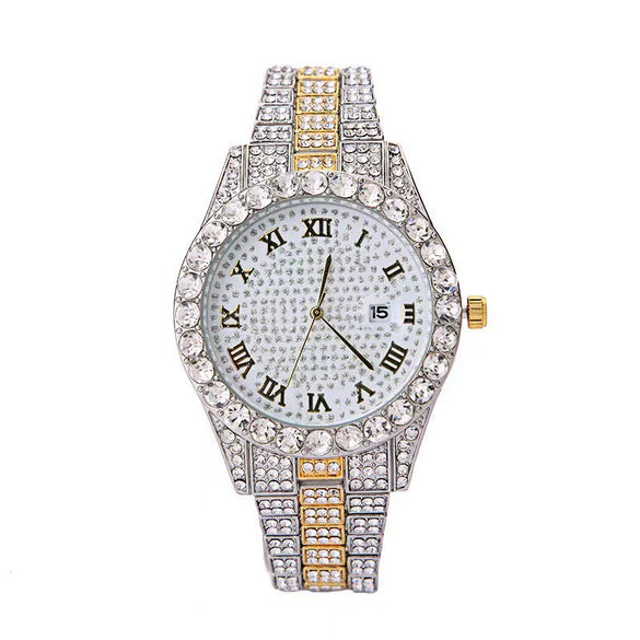 Fashion Steel Belt Watch With Starry Diamond Roman Scale Calendar Round Dial Alloy Case Stainless Steel Buckle