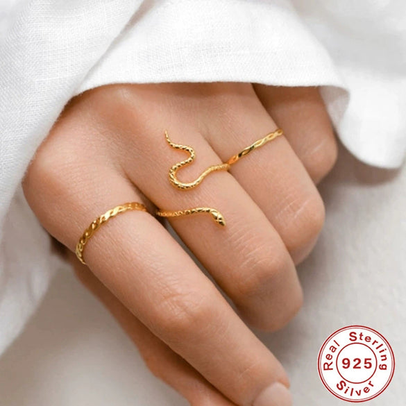 Fashion 925 Sterling Silver Snake Open Ring With Geometric Pattern Electroplated For Women And Unisex