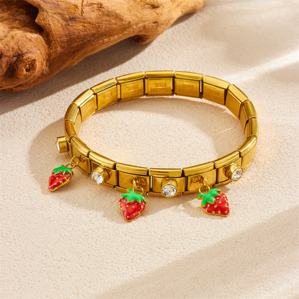 Fashion Strawberry Pendant Geometric Goldplated Stainless Steel Bracelet