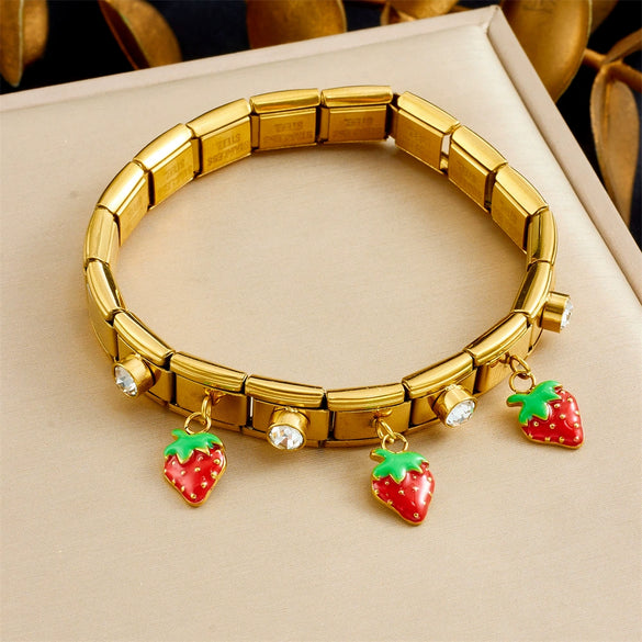 Fashion Strawberry Pendant Geometric Goldplated Stainless Steel Bracelet