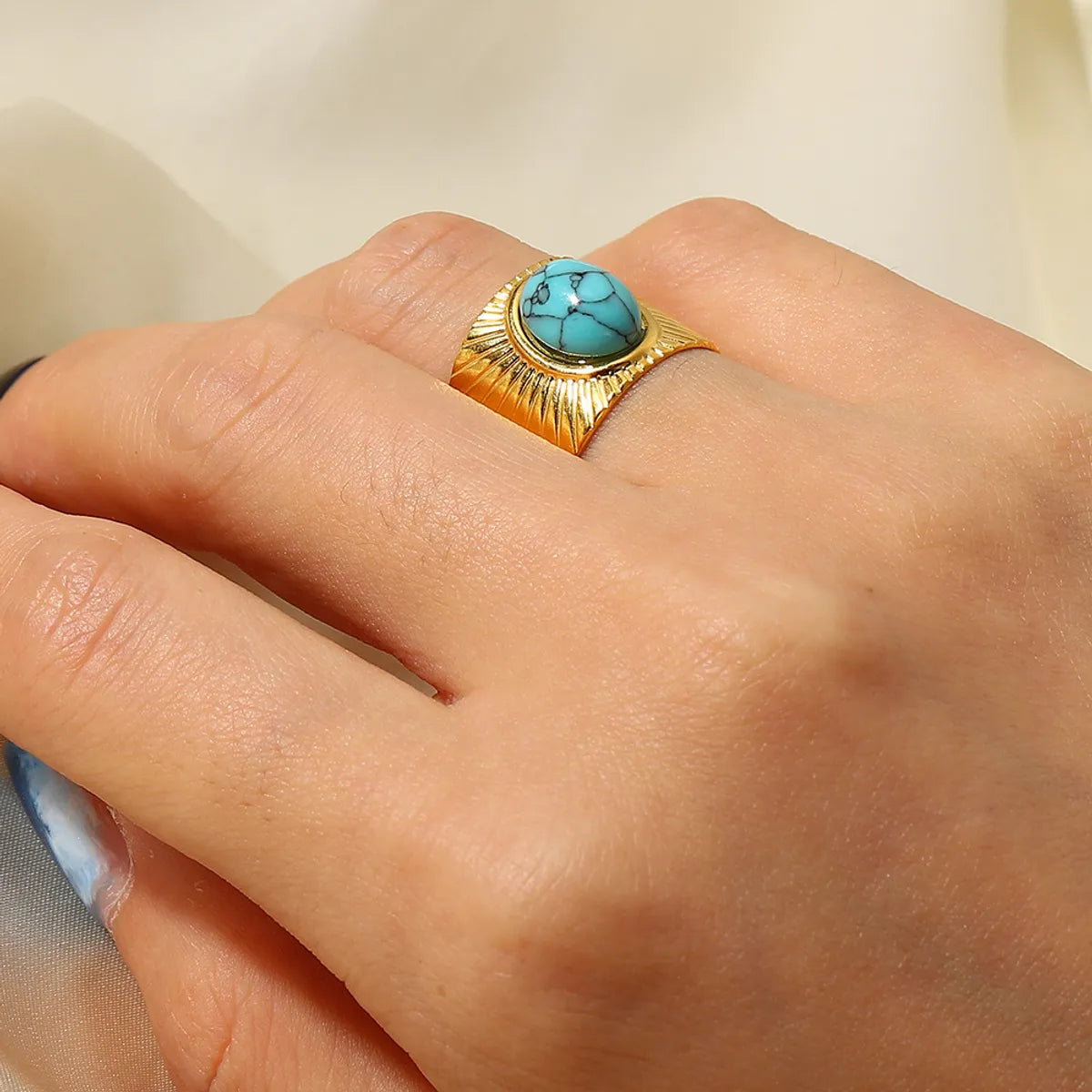 Fashion Stripe Stainless Steel Plating Turquoise Gold Plated Open Ring