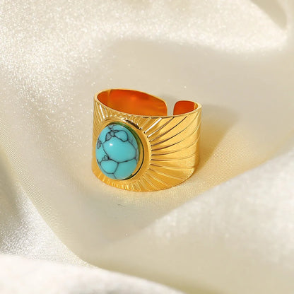 Fashion Stripe Stainless Steel Plating Turquoise Gold Plated Open Ring