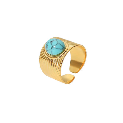 Fashion Stripe Stainless Steel Plating Turquoise Gold Plated Open Ring