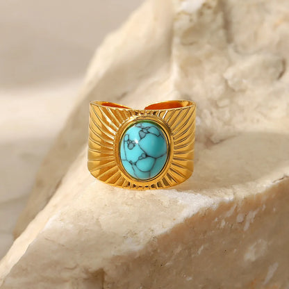 Fashion Stripe Stainless Steel Plating Turquoise Gold Plated Open Ring