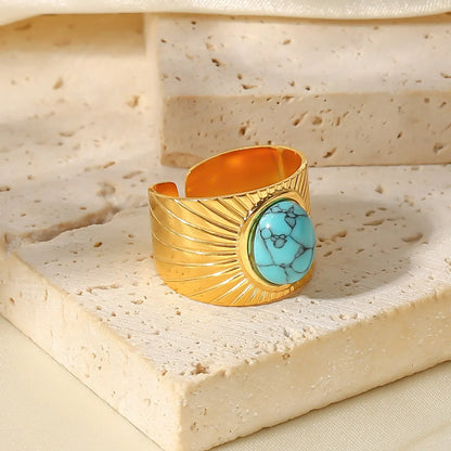 Fashion Stripe Stainless Steel Plating Turquoise Gold Plated Open Ring