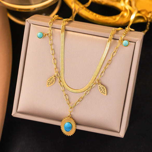 Fashion Sun Eye Titanium Steel Plating Inlay Turquoise Layered Necklaces