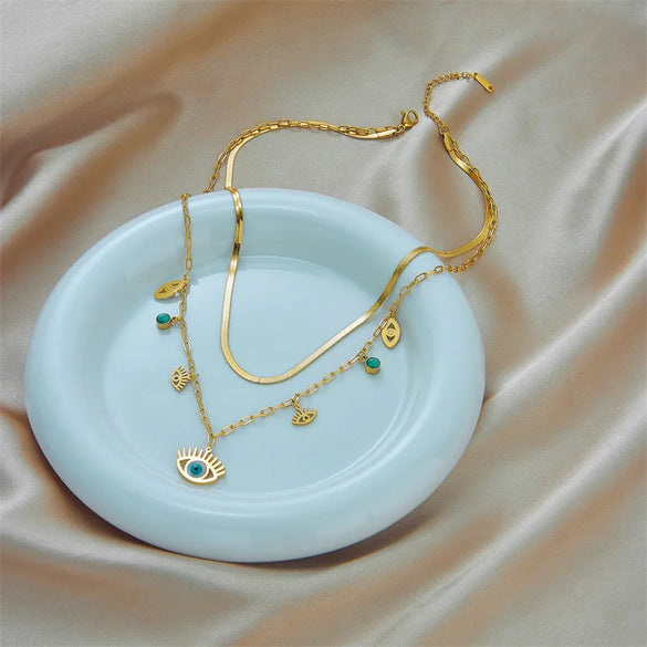 Fashion Sun Eye Titanium Steel Plating Inlay Turquoise Layered Necklaces