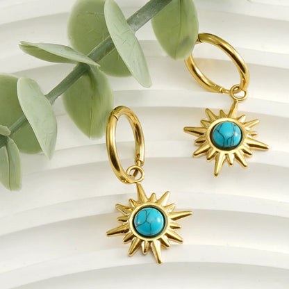 Fashion Sun Stainless Steel Plating Inlay Turquoise Drop Earrings 1 Pair