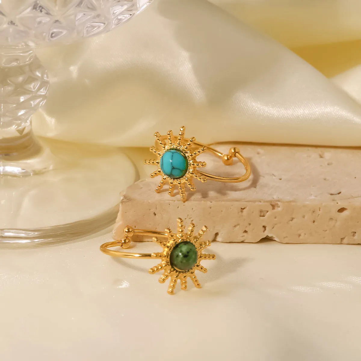 Fashion Sun Stainless Steel Plating Inlay Turquoise Gold Plated Open Ring