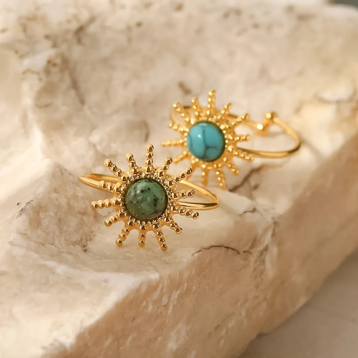 Fashion Sun Stainless Steel Plating Inlay Turquoise Gold Plated Open Ring