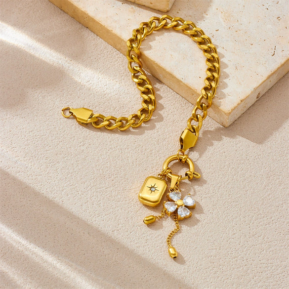 Fashion Sweet And Cool Stainless Steel Jewelry Set With Diamondencrusted Flower Star Square Pendant Tassel Chain And Electroplating Design