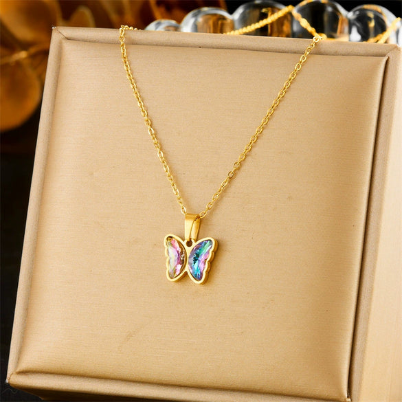 Fashion Sweet Girl Stainless Steel Jewelry Set With Gradient Butterfly Rhinestone Pendant Electroplated Include Earrings And Necklace