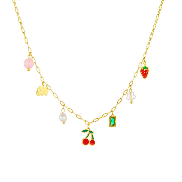 Fashion Sweet Glue Cherry And Strawberry Pearl Pendant Necklace For Women Stainless Steel Electroplating Fruit Pattern Clavicle Chain
