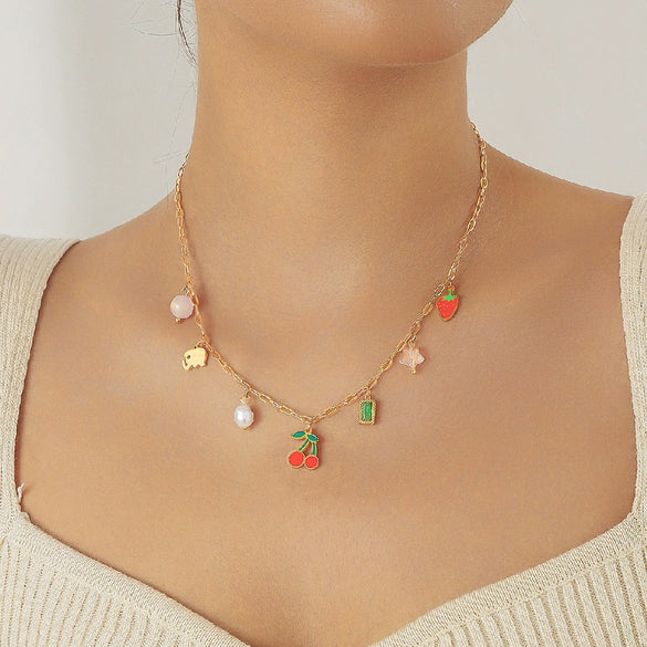 Fashion Sweet Glue Cherry And Strawberry Pearl Pendant Necklace For Women Stainless Steel Electroplating Fruit Pattern Clavicle Chain