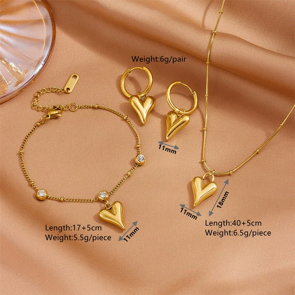 Fashion Sweet Titanium Steel Round Beads Heart Pendant Earrings Bracelet Necklace Set With Heart Water Drop Bell Patterns