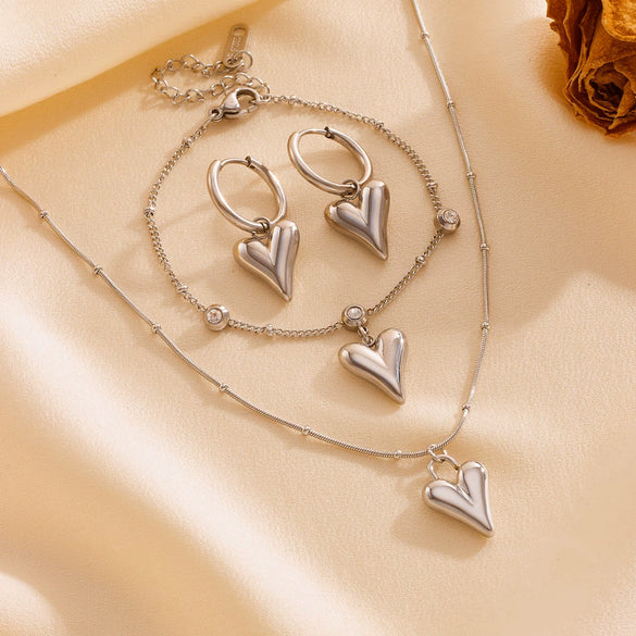 Fashion Sweet Titanium Steel Round Beads Heart Pendant Earrings Bracelet Necklace Set With Heart Water Drop Bell Patterns