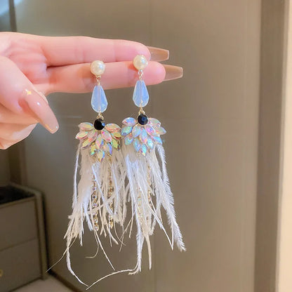 Fashion Tassel Feather Metal Asymmetrical Inlay Rhinestones Women'S Drop Earrings 1 Pair