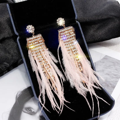 Fashion Tassel Feather Metal Asymmetrical Inlay Rhinestones Women'S Drop Earrings 1 Pair