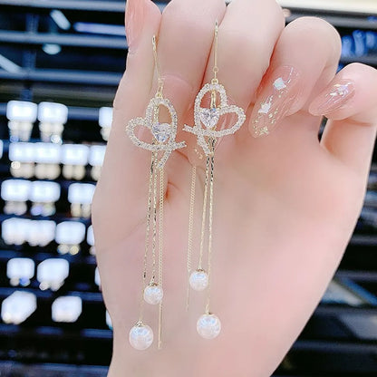 Fashion Tassel Heart Shape Bow Knot Imitation Pearl Copper Inlay Rhinestones Drop Earrings 1 Pair