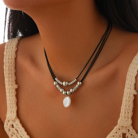 Fashion Temperament Alien Imitation Pearl Pendant Necklace Geometric Handmade Wax Thread